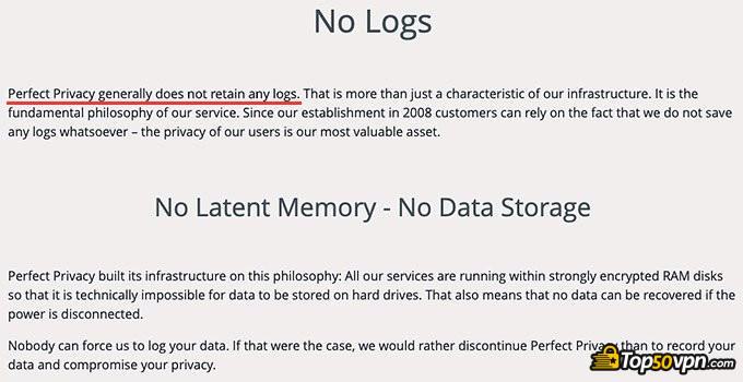 Ulasan Perfect Privacy: tidak ada kebijakan pencatatan log.